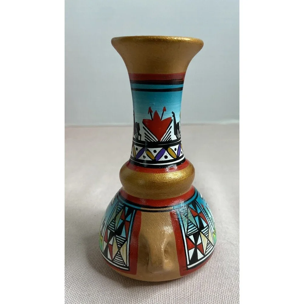 Terracotta Pottery Vase Hand Painted Colorful  5” Tall